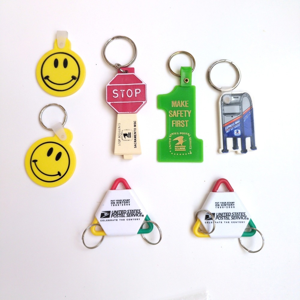 Vtg USPS Keychain Lot Multicolor Postal Service Safety Mailbox Smiley 6pc